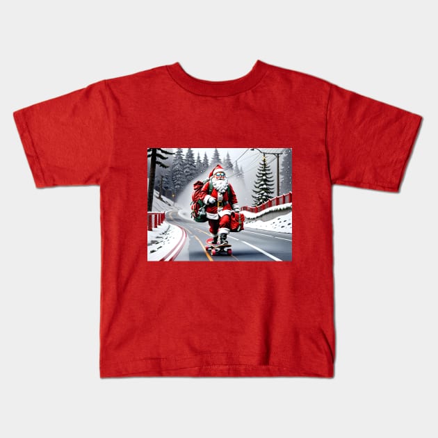 Santa on a Skateboard Kids T-Shirt by rturnbow